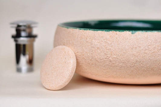 Handmade Ceramic Vessel Sink – Birch Ø33 cm | Forest Green & Textured Cream