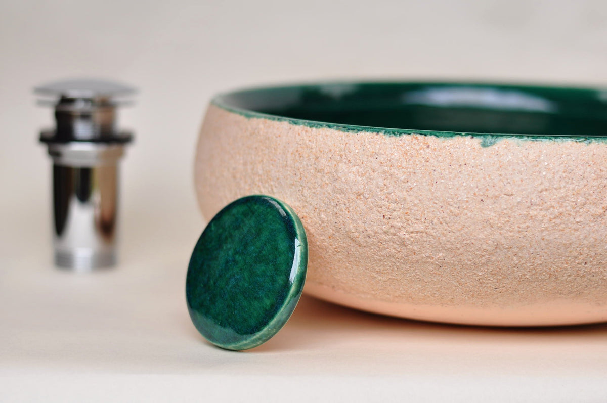Handmade Ceramic Vessel Sink – Birch Ø33 cm | Forest Green & Textured Cream