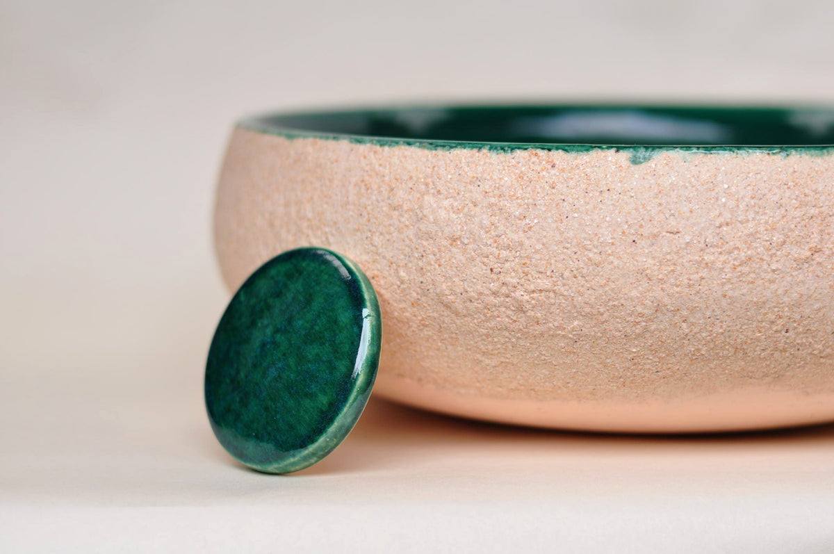 Handmade Ceramic Vessel Sink – Birch Ø33 cm | Forest Green & Textured Cream
