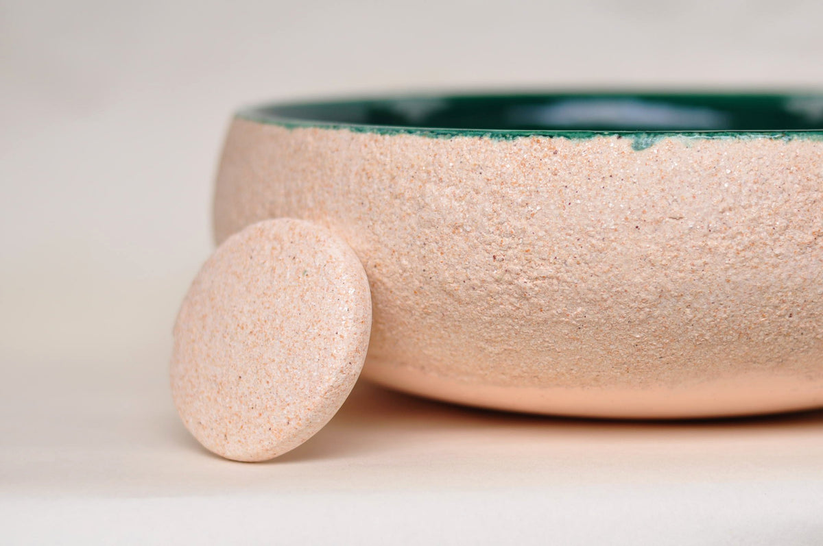 Handmade Ceramic Vessel Sink – Birch Ø33 cm | Forest Green & Textured Cream