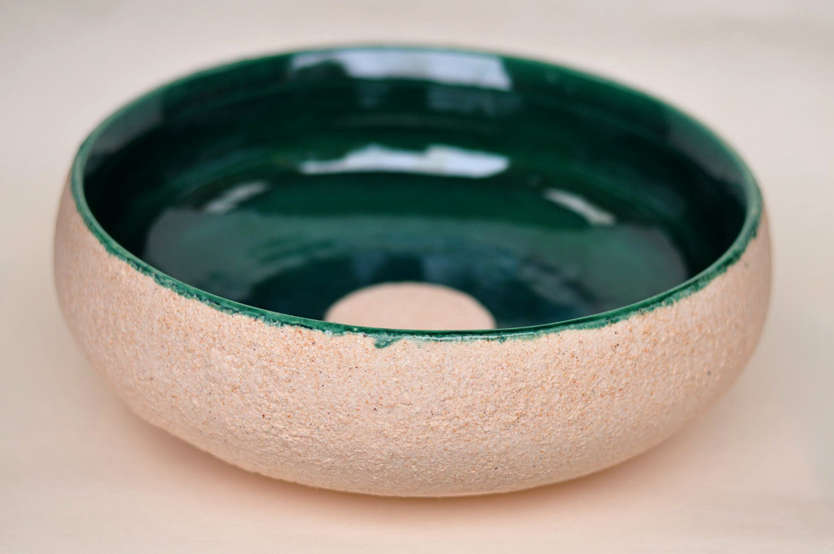 Handmade Ceramic Vessel Sink – Birch Ø33 cm | Forest Green & Textured Cream