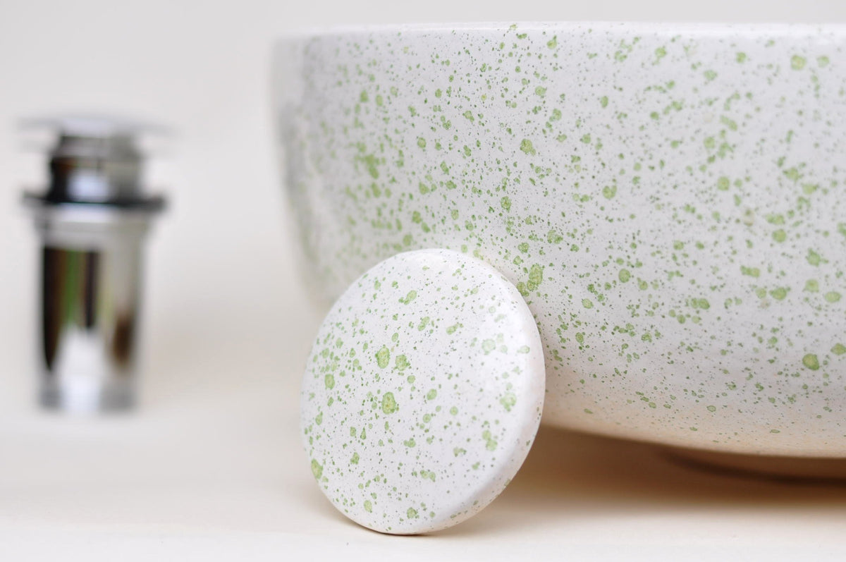 Handmade Ceramic Vessel Sink – Spring Bud Flat Ø40 cm | Green Speckled Glaze