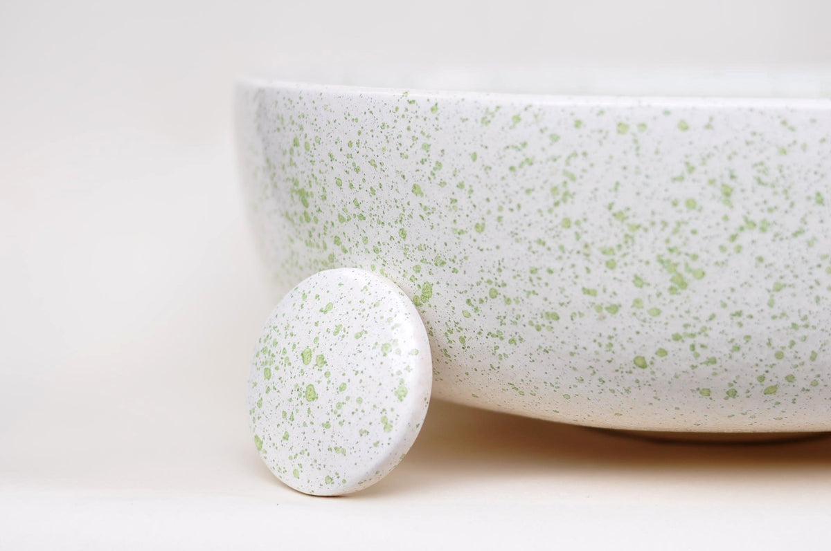 Handmade Ceramic Vessel Sink – Spring Bud Flat Ø40 cm | Green Speckled Glaze