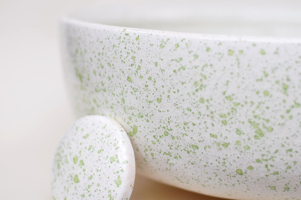 Handmade Ceramic Vessel Sink – Spring Bud Flat Ø40 cm | Green Speckled Glaze