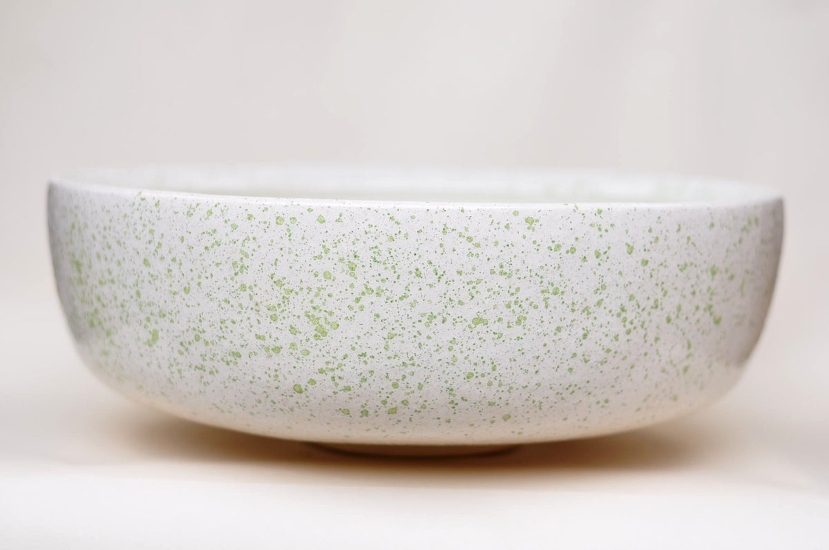 Handmade Ceramic Vessel Sink – Spring Bud Flat Ø40 cm | Green Speckled Glaze