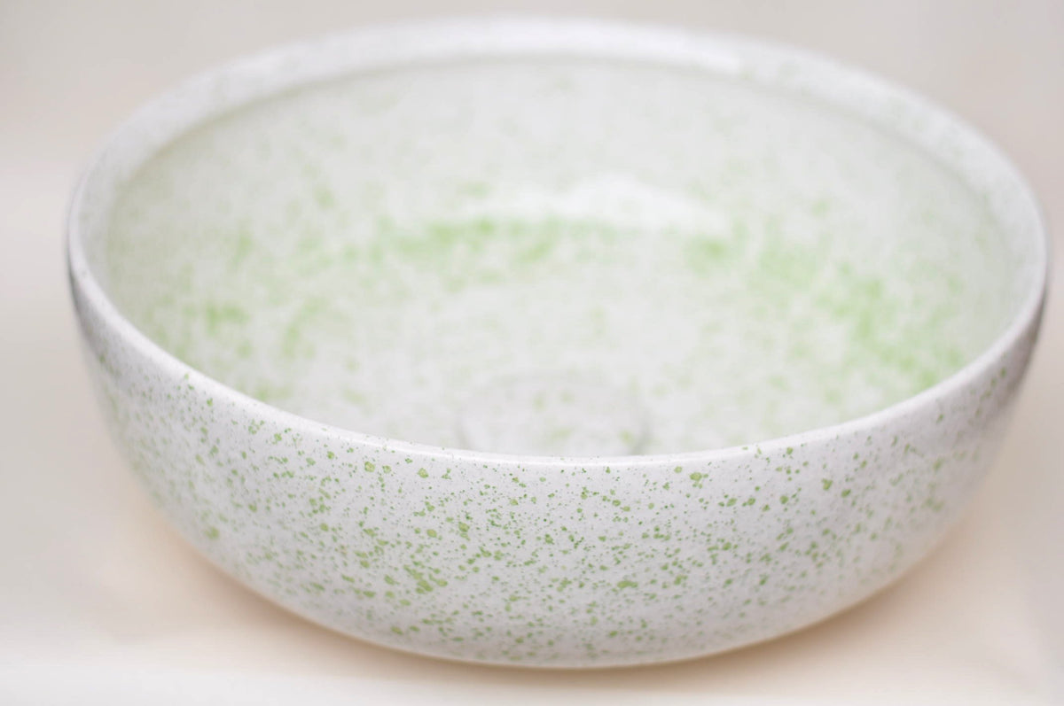 Handmade Ceramic Vessel Sink – Spring Bud Flat Ø40 cm | Green Speckled Glaze