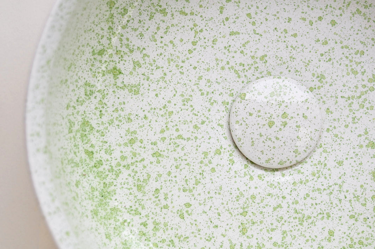 Handmade Ceramic Vessel Sink – Spring Bud Flat Ø40 cm | Green Speckled Glaze