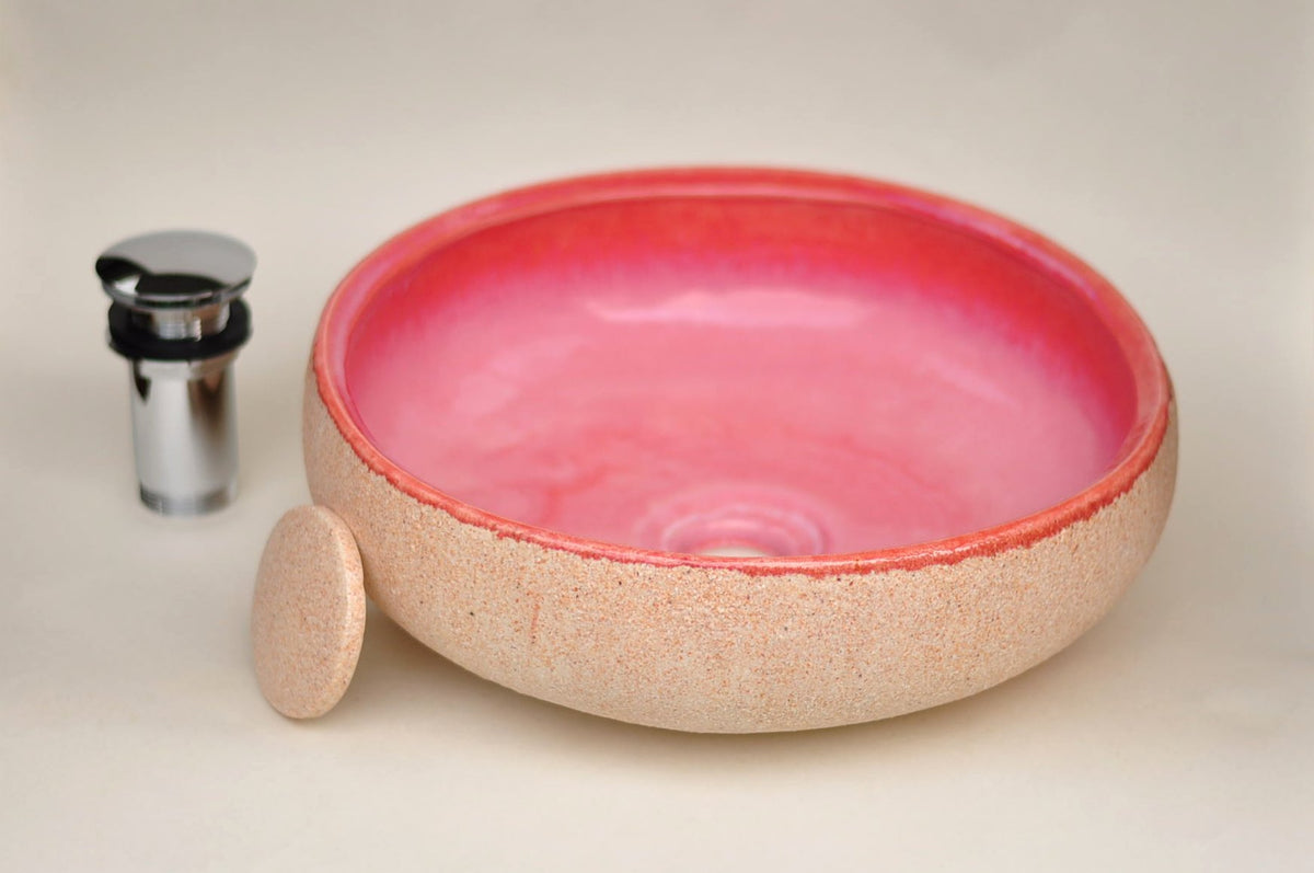 Handmade Ceramic Vessel Sink – Pink Haze Ø33 cm | Pink & Textured Cream