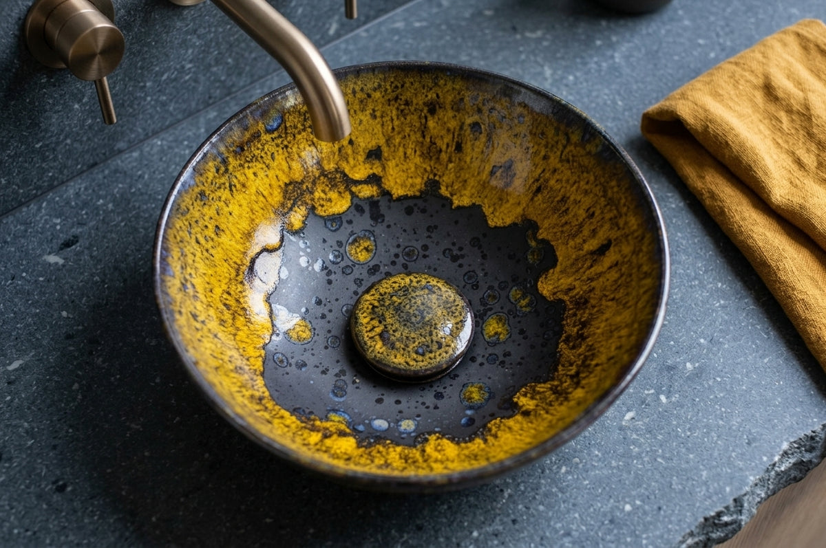 Handmade Ceramic Vessel Sink – Maracuya Ø30 cm | Golden Yellow & Deep Purple